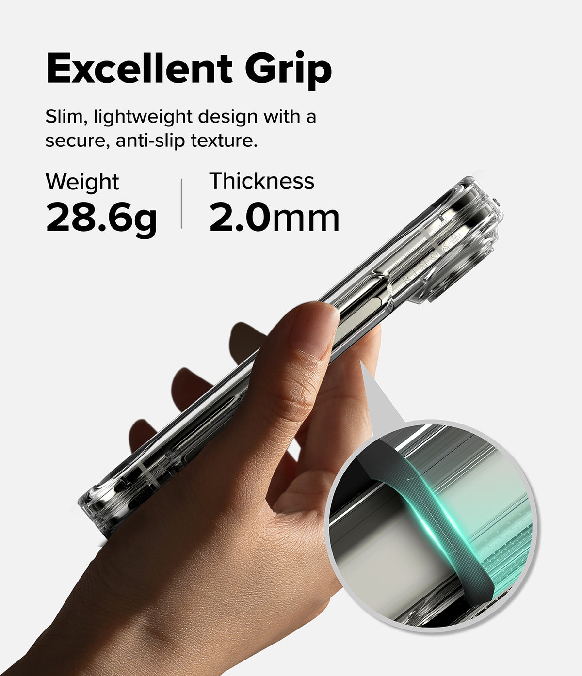 iPhone Duo | Fusion + Hinge (2P) all-groups - A hand holding a slim transparent pen-style device with text reading 'Excellent Grip' and specifications 'Weight 28.6g' and 'Thickness 2.