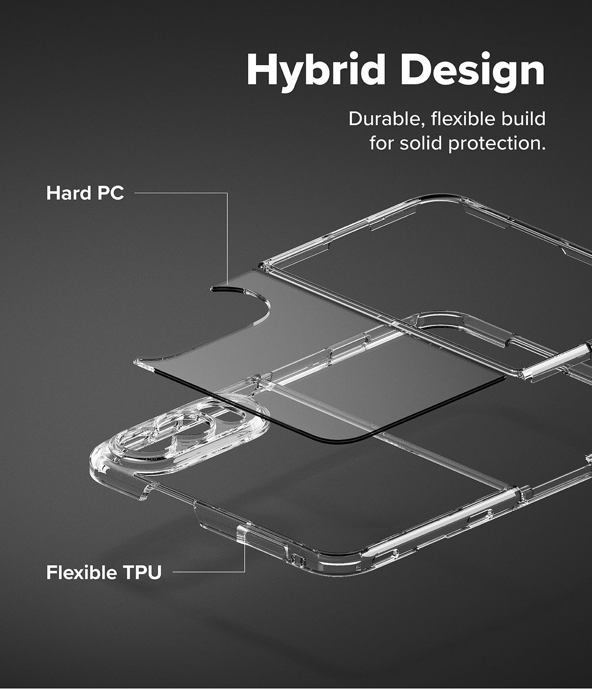 iPhone Duo | Fusion - Clear hybrid phone case with labeled layers reading 'Hard PC' and 'Flexible TPU' on a dark gray background, with the headline 'Hybrid Design' and supporting text at the top.