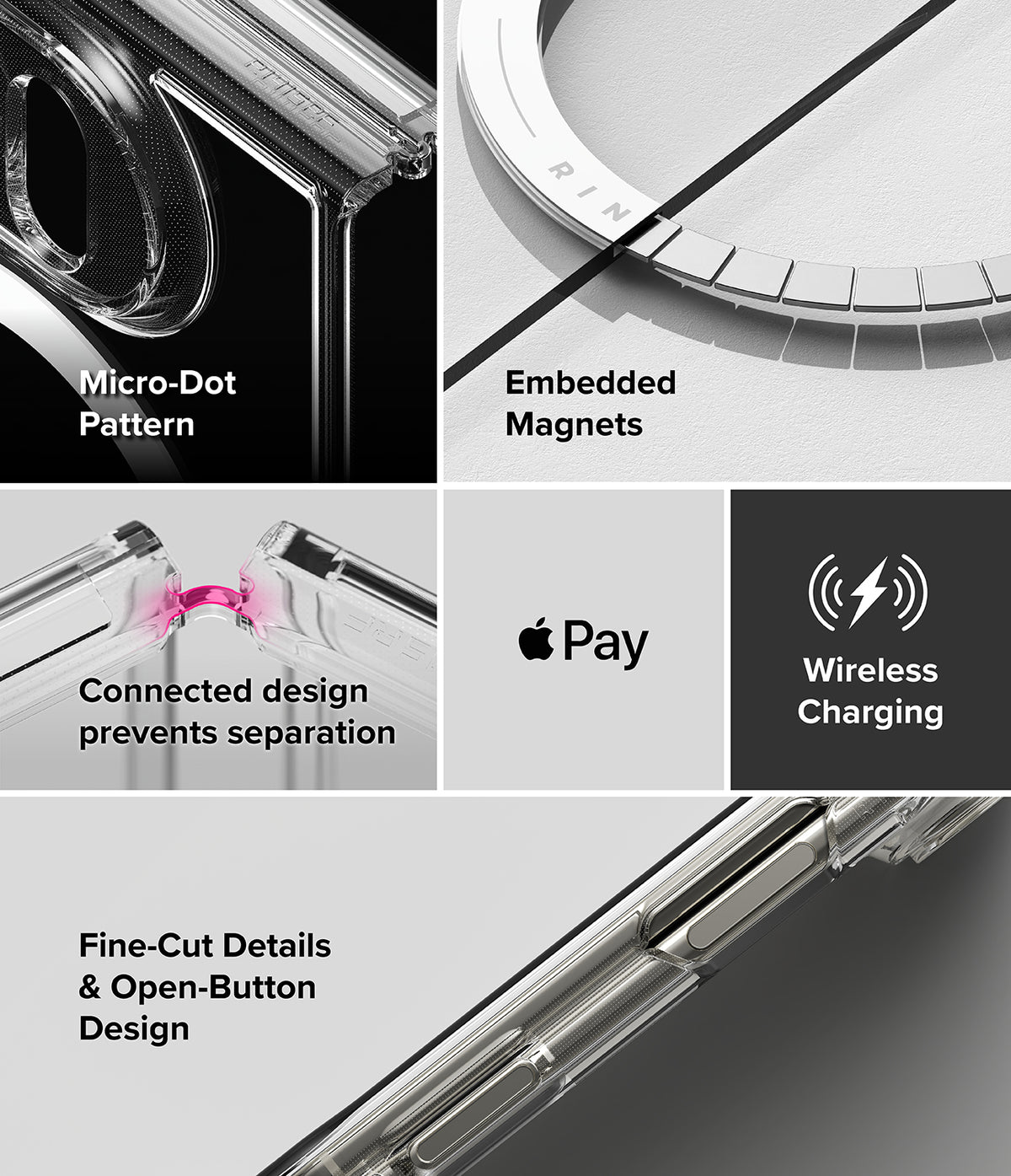 iPhone Duo | Fusion Magnetic - A 4-panel feature infographic for a clear phone case. The panels highlight key features: a 'Micro-Dot Pattern' on the camera ring, 'Embedded Magnets' with an Apple Pay logo, 'Connected design prevents separation' with a pink contact detail illustration, and 'Fine-Cut Details & Open-Button Design' on a close-up of the side button.