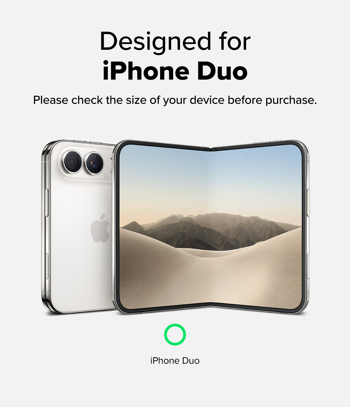 iPhone Duo | Fusion Magnetic - A clear protective case shown on a silver iPhone and a foldable phone, with text reading 'Designed for iPhone Duo' and 'Please check the size of your device before purchase.' on a light gray background.