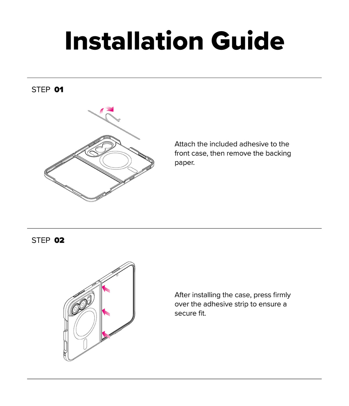 iPhone Duo | Fusion Magnetic - An installation guide diagram with two steps showing how to apply adhesive to a phone case and press it onto the device. The page has a white background with black text and line drawings of the case.