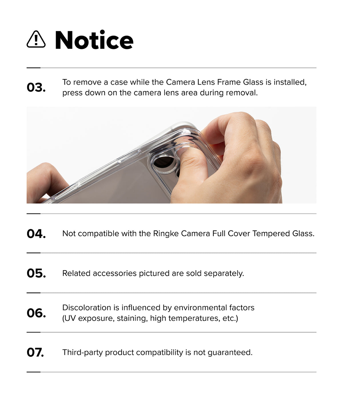 iPhone Duo | Fusion Magnetic - A white informational page with the heading 'Notice' and a numbered list of seven instructions, including a small photo of hands removing a clear phone case while the camera lens frame glass is installed.