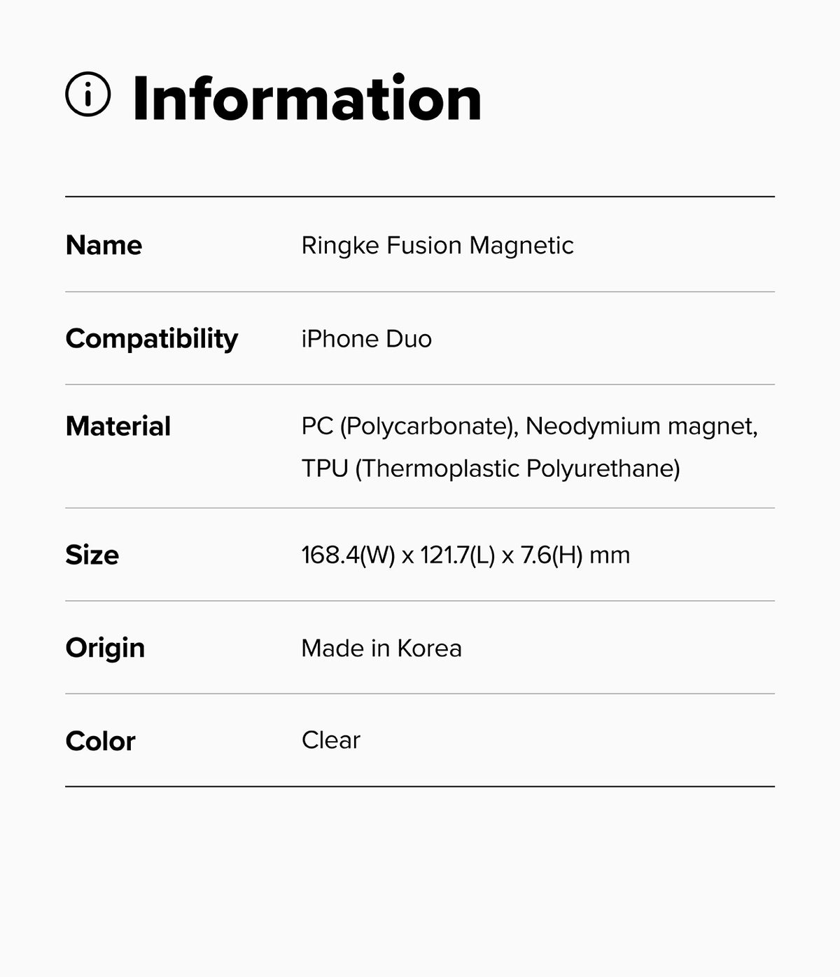 iPhone Duo | Fusion Magnetic - An information card detailing the specifications of the Ringke Fusion Magnetic accessory for iPhone Duo, including material, size, and origin, with a color label of Clear.