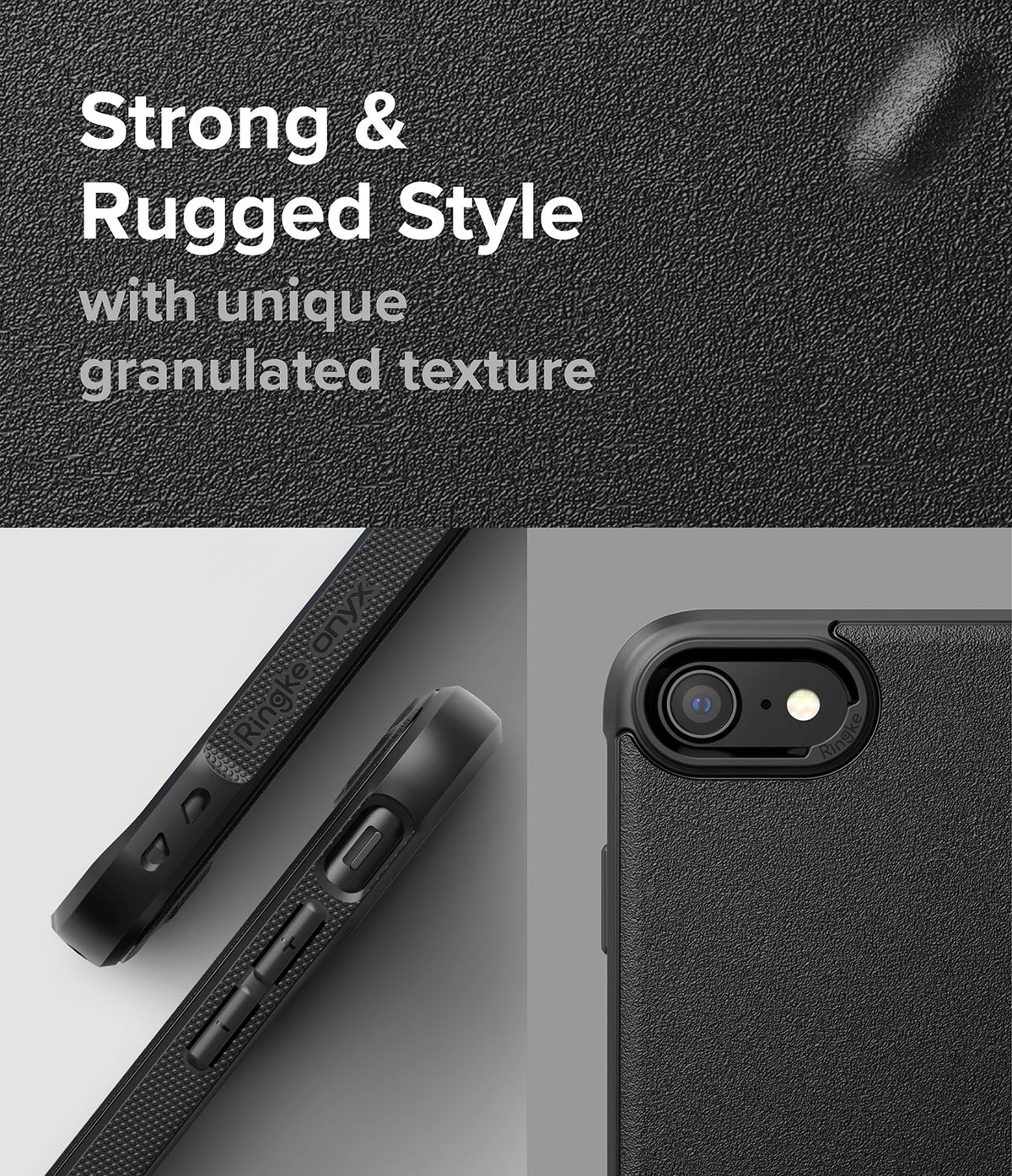 iPhone SE 2022 5G / SE 2020 / 8 / 7 Case | Onyx - Black phone case with a rugged, granulated texture and camera cutout.