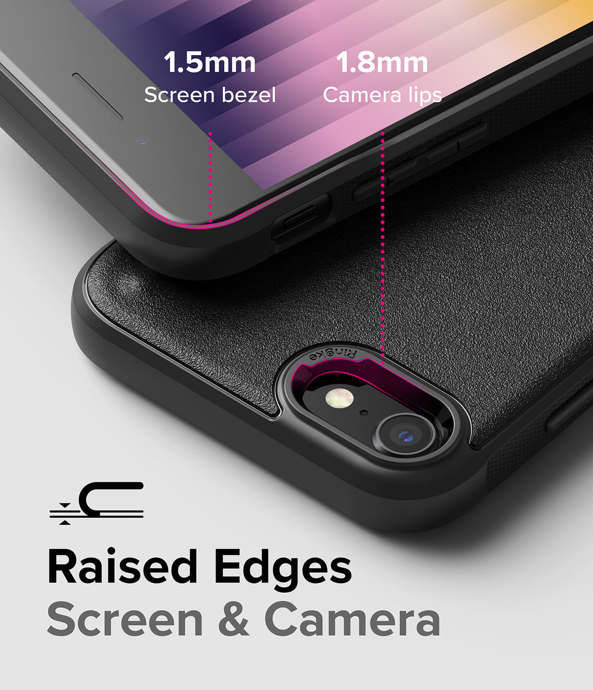 iPhone SE 2022 5G / SE 2020 / 8 / 7 Case | Onyx - Black phone case showing 1.5mm screen bezel and 1.8mm raised camera lips.