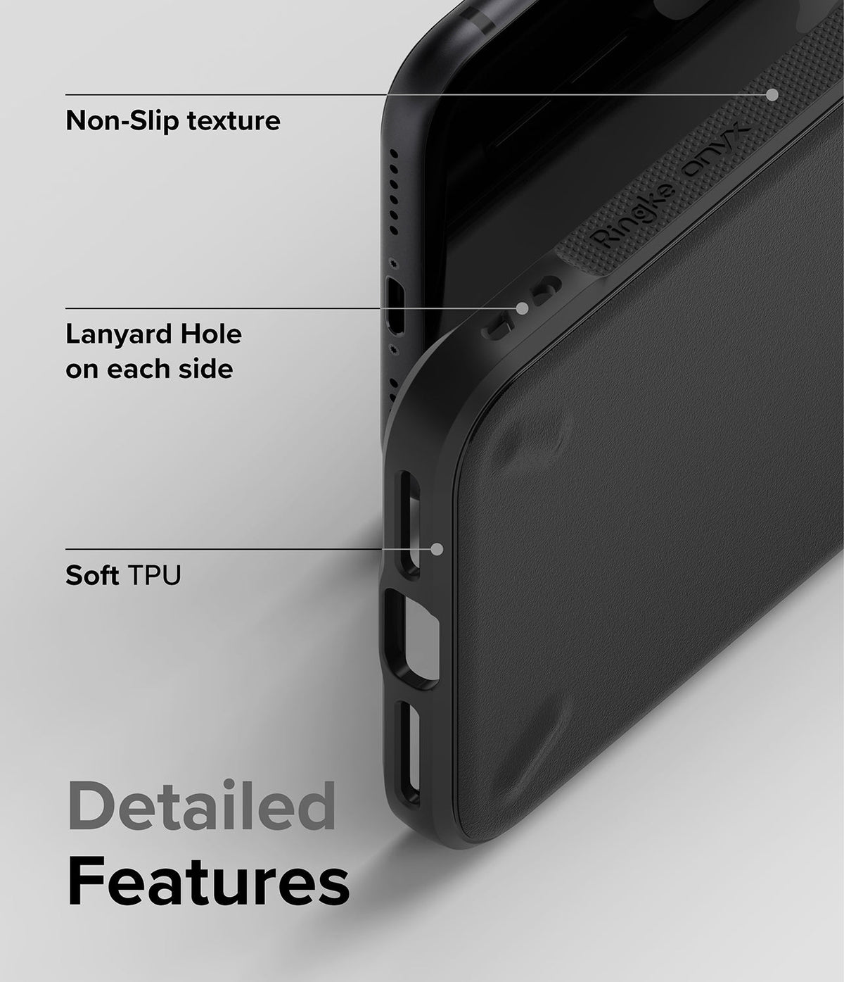 iPhone SE 2022 5G / SE 2020 / 8 / 7 Case | Onyx - Close-up of black phone case highlighting non-slip texture, lanyard holes, and soft TPU.