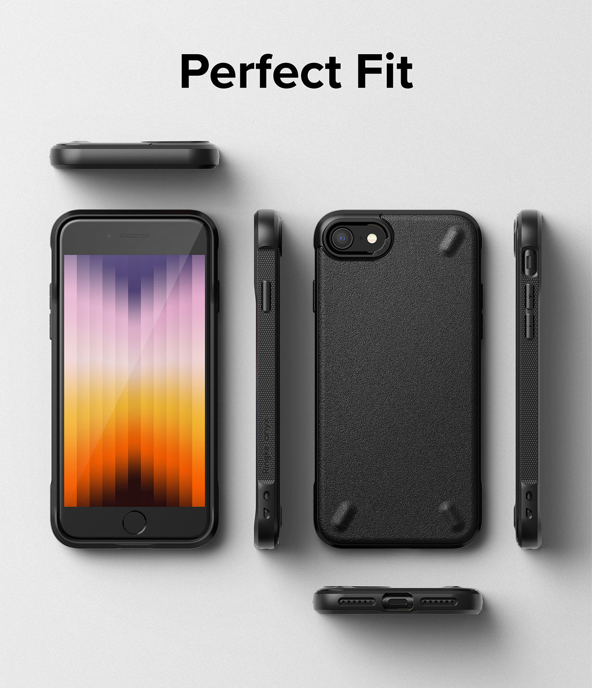 iPhone SE 2022 5G / SE 2020 / 8 / 7 Case | Onyx - Black phone case shown from multiple angles against a light background.