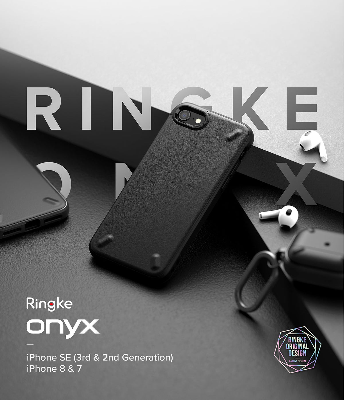 iPhone SE 2022 5G / SE 2020 / 8 / 7 Case | Onyx - Black textured phone case on a dark surface with wireless earbuds.