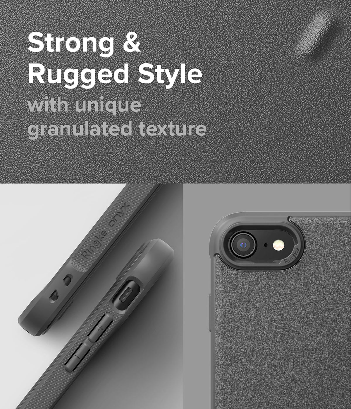 iPhone SE 2022 5G / SE 2020 / 8 / 7 Case | Onyx - Close-up of a dark gray, textured phone case showing side buttons and camera cutout.