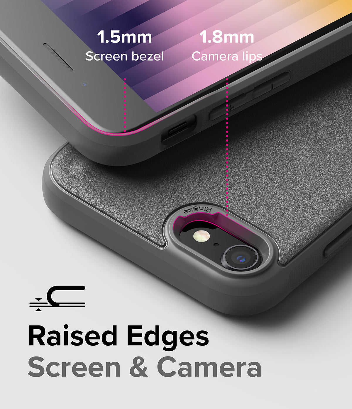 iPhone SE 2022 5G / SE 2020 / 8 / 7 Case | Onyx - Close-up of phone case showing 1.5mm screen bezel and 1.8mm camera lip.