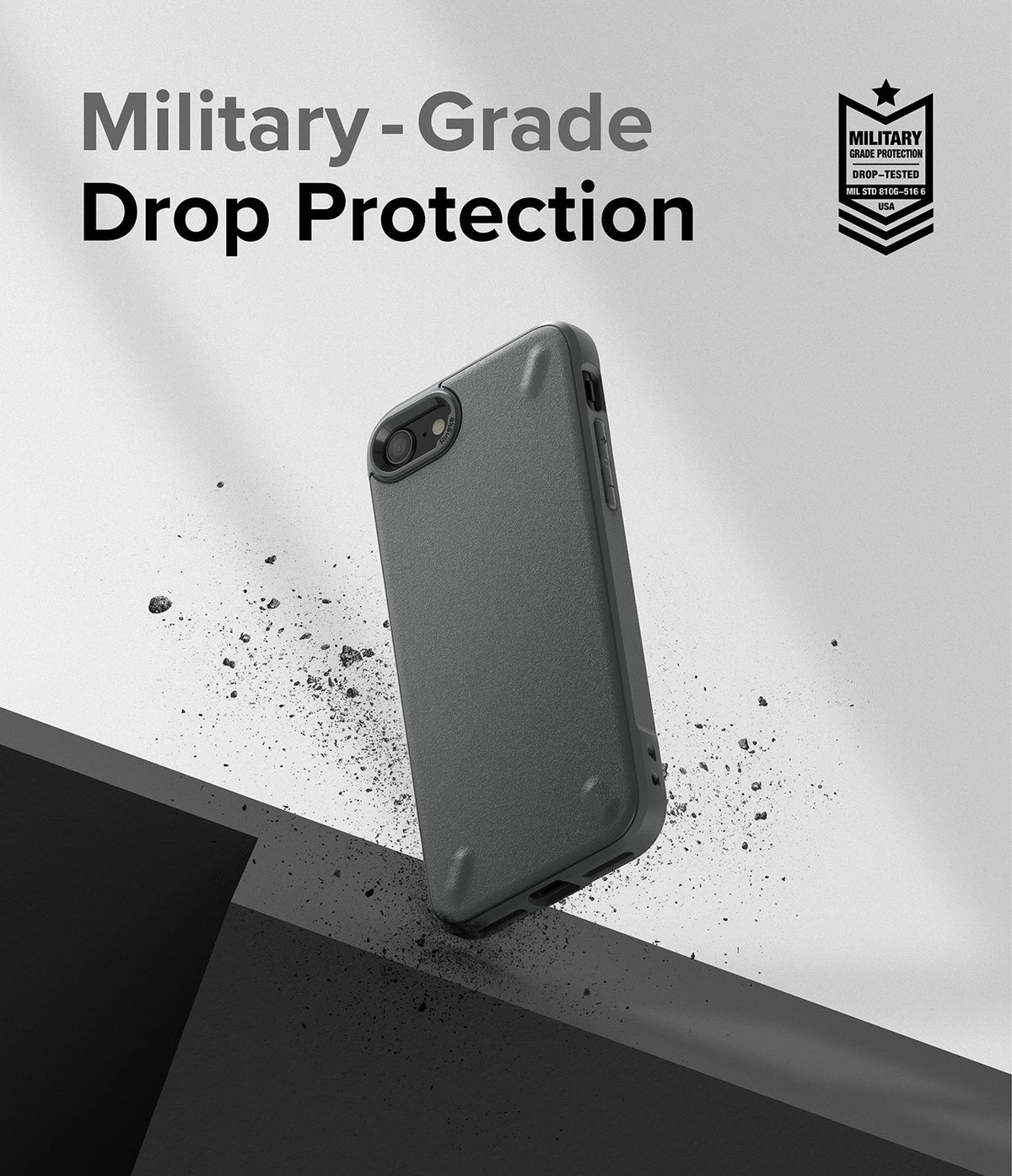 iPhone SE 2022 5G / SE 2020 / 8 / 7 Case | Onyx - Black phone case floating above a surface with debris and military-grade text.