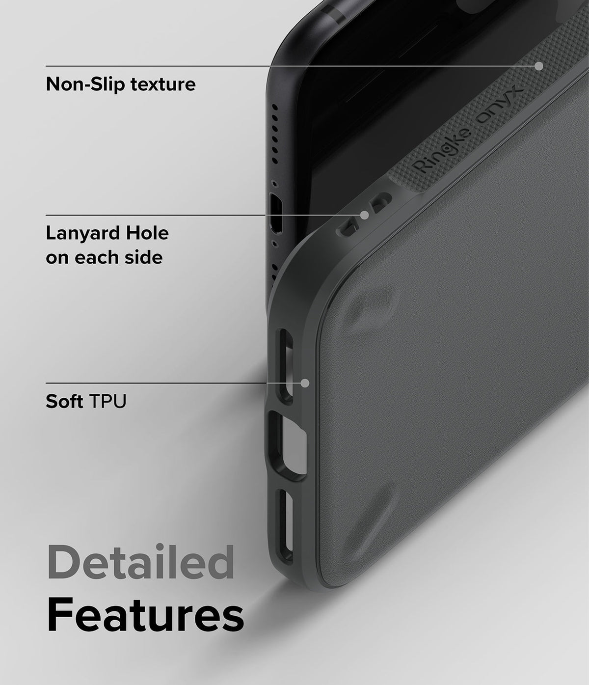 iPhone SE 2022 5G / SE 2020 / 8 / 7 Case | Onyx - Close-up of black phone case showing non-slip texture, lanyard holes, and TPU.