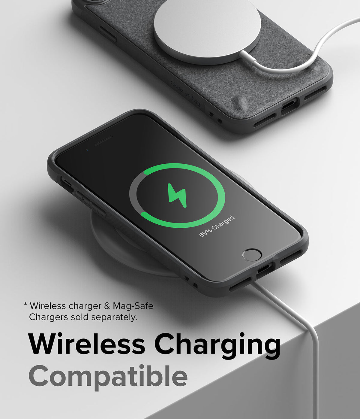 iPhone SE 2022 5G / SE 2020 / 8 / 7 Case | Onyx - Black phone case on a wireless charger showing a green charging icon.