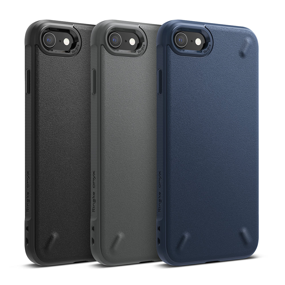 iPhone SE 2022 5G / SE 2020 / 8 / 7 Case | Onyx - Three textured Ringke Onyx phone cases in black, gray, and navy blue.