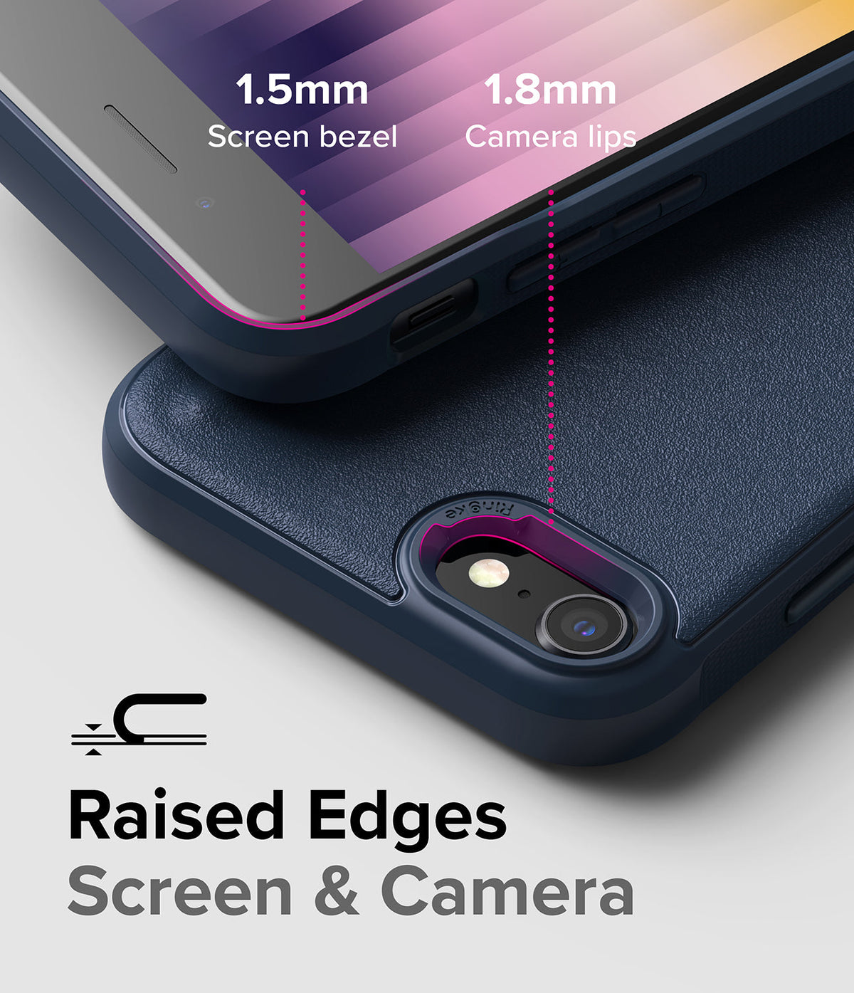 iPhone SE 2022 5G / SE 2020 / 8 / 7 Case | Onyx - Navy phone case showing 1.5mm screen bezel and 1.8mm raised camera lips.