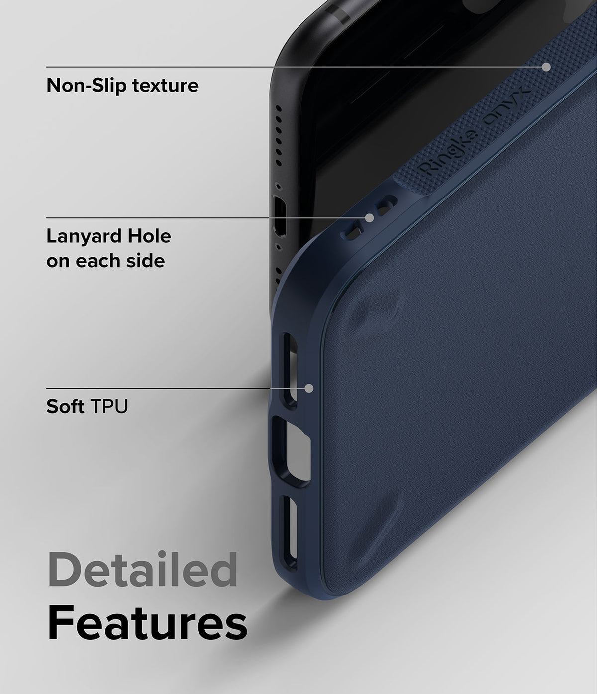 iPhone SE 2022 5G / SE 2020 / 8 / 7 Case | Onyx - Close-up of blue phone case showing non-slip texture, lanyard holes, and TPU.