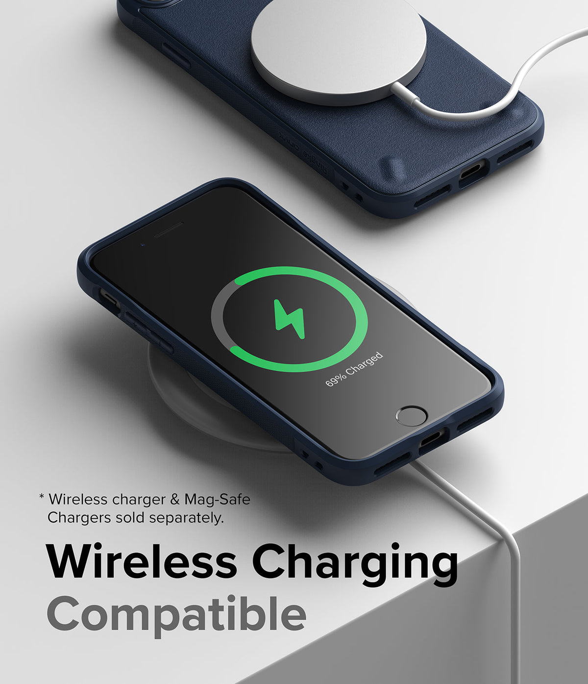 iPhone SE 2022 5G / SE 2020 / 8 / 7 Case | Onyx - Navy blue phone case on a wireless charger showing charging status.