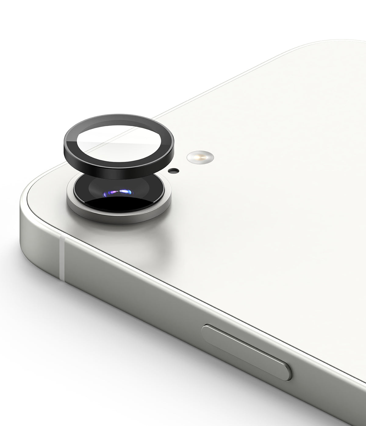 iPhone 17e / 16e | Camera Lens Frame Glass - iPhone 17e / 16e - Protective glass lens cover hovering above the rear camera of a white smartphone.