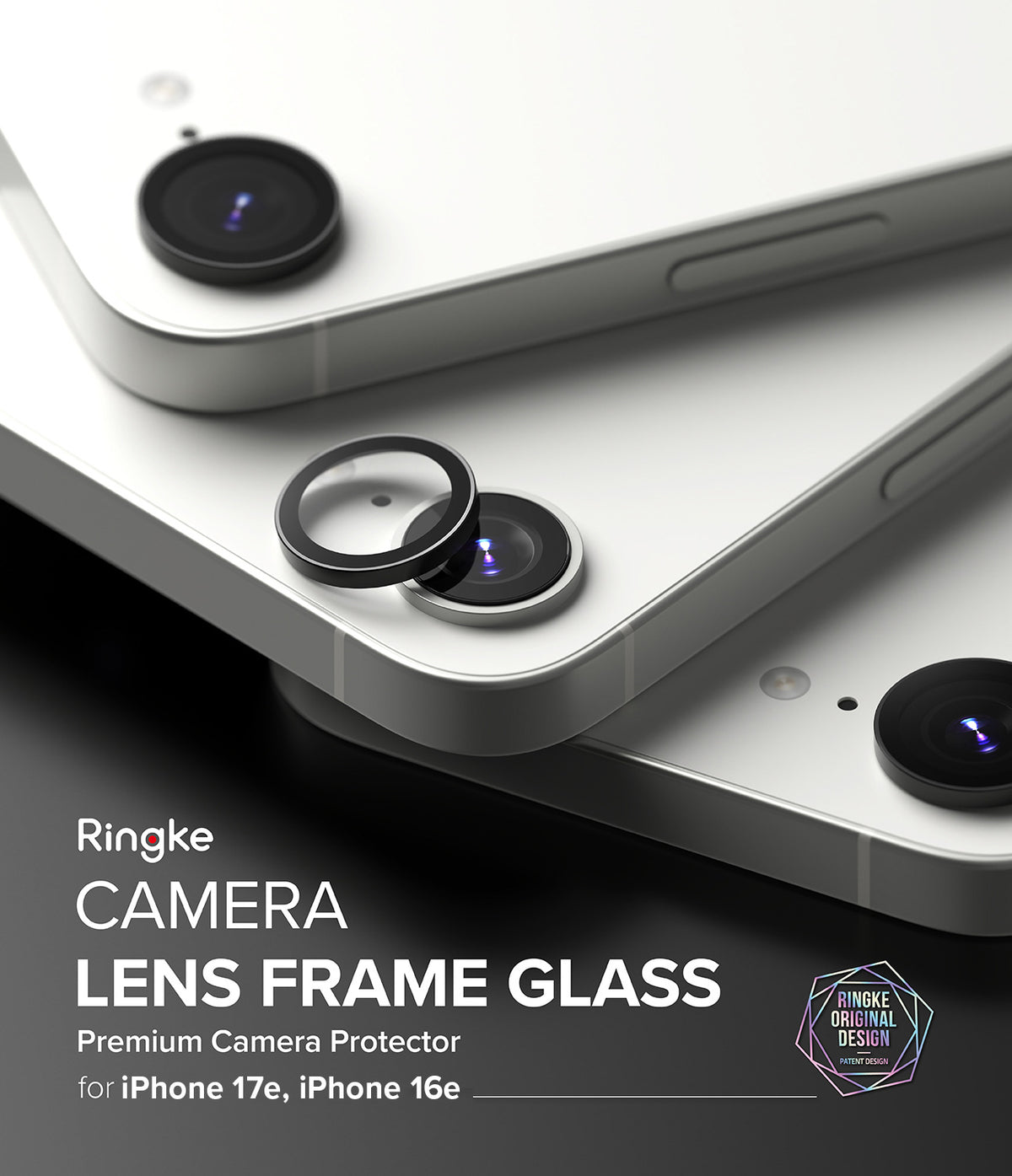 iPhone 17e / 16e | Camera Lens Frame Glass - iPhone 17e / 16e - Camera lens frame glass protector being applied to the camera lens of a white smartphone.
