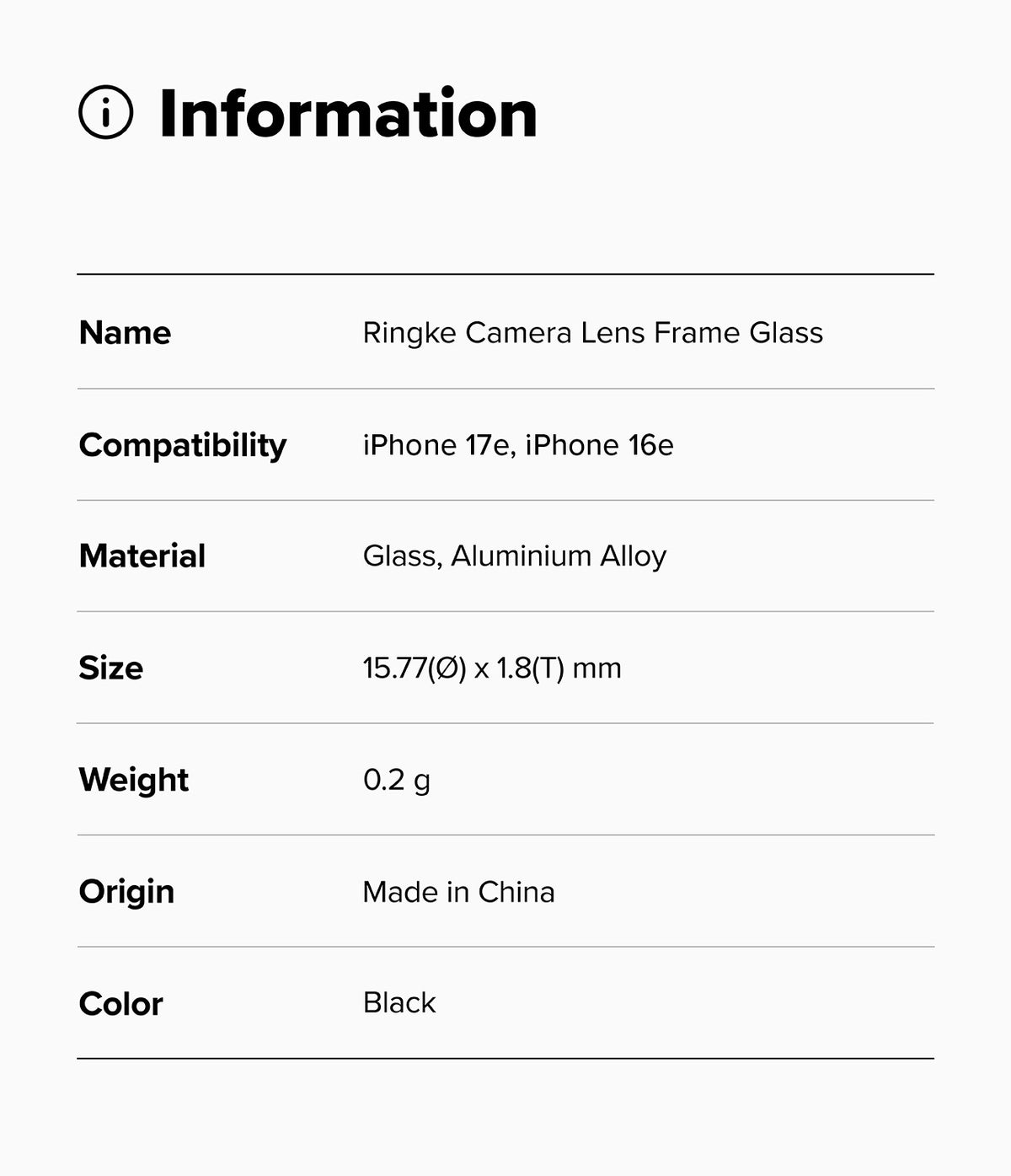 iPhone 17e / 16e | Camera Lens Frame Glass - Information table listing specifications for Ringke camera lens glass.