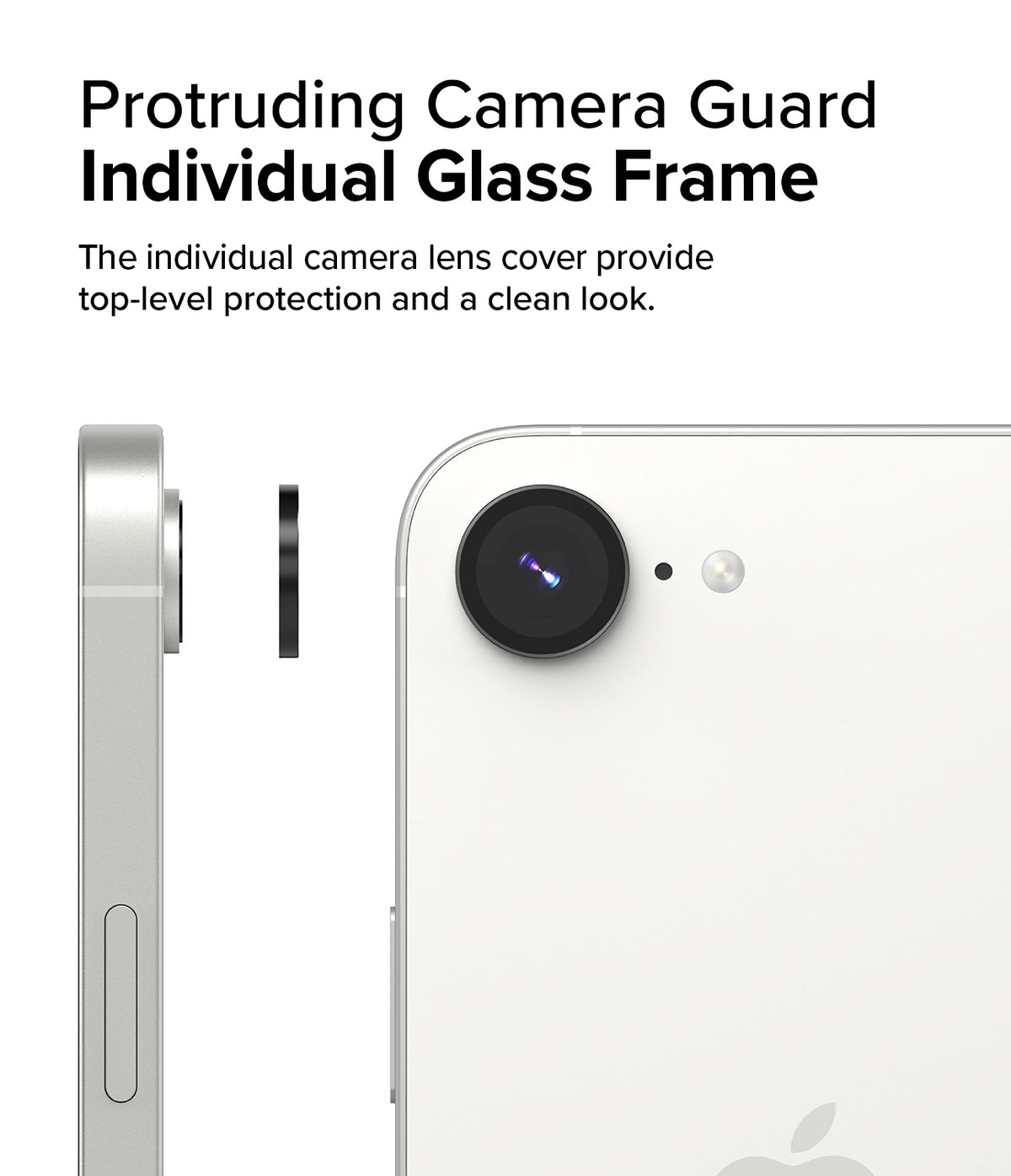 iPhone 17e / 16e | Camera Lens Frame Glass - iPhone 17e / 16e - Individual glass camera lens protector shown being applied to a white smartphone back.