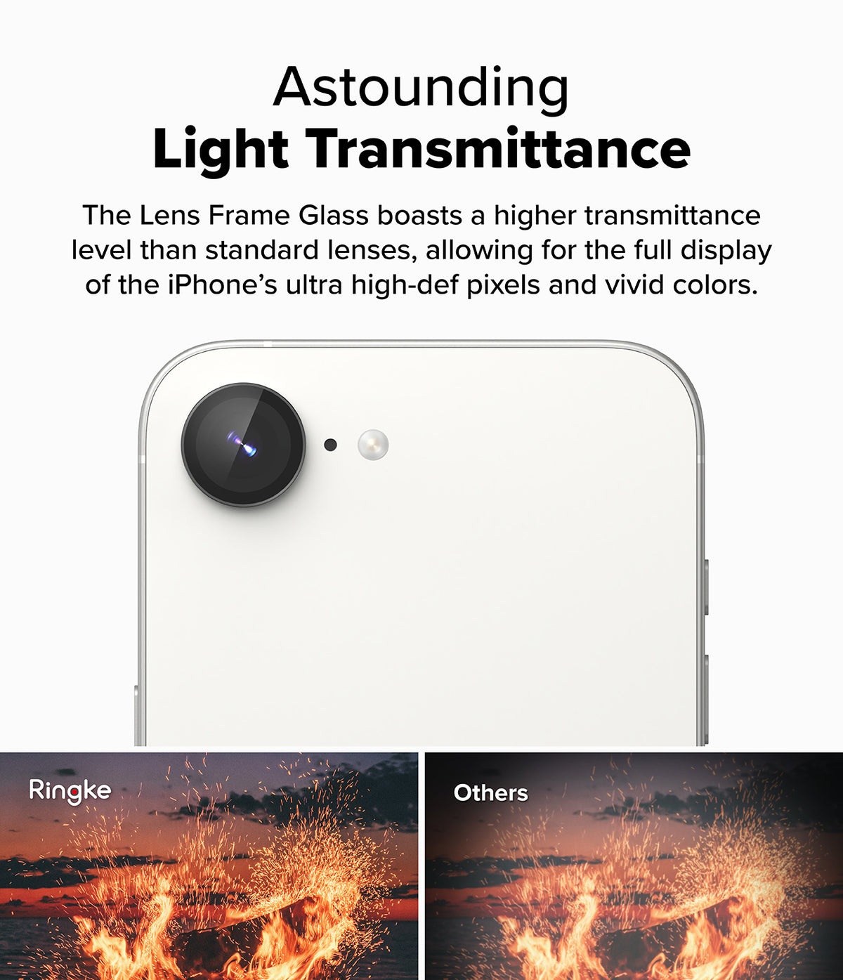 iPhone 17e / 16e | Camera Lens Frame Glass - iPhone 17e / 16e - Camera lens glass showing clear, vibrant fire imagery compared to a dimmer, standard lens alternative.