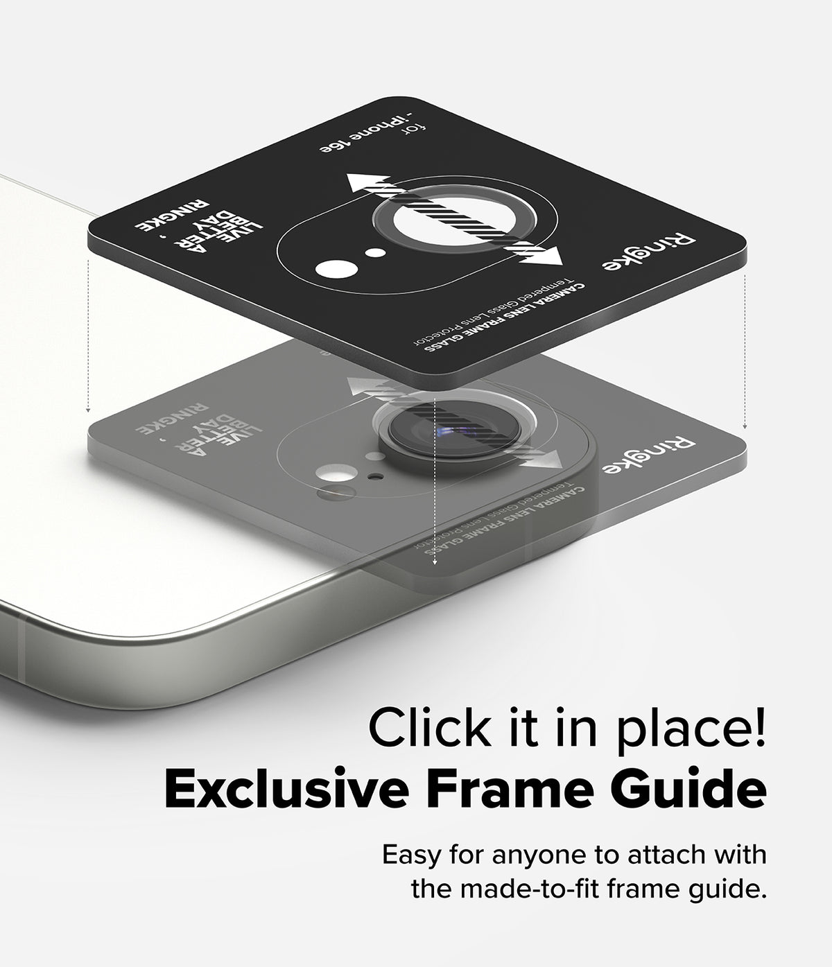 iPhone 17e / 16e | Camera Lens Frame Glass - Installation guide aligning a tempered glass lens protector onto a phone.