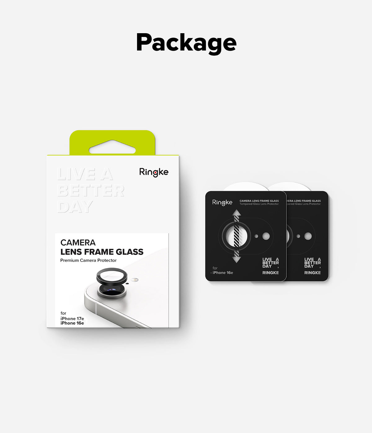 iPhone 17e / 16e | Camera Lens Frame Glass - Ringke camera lens protector packaging and two black lens frame inserts.