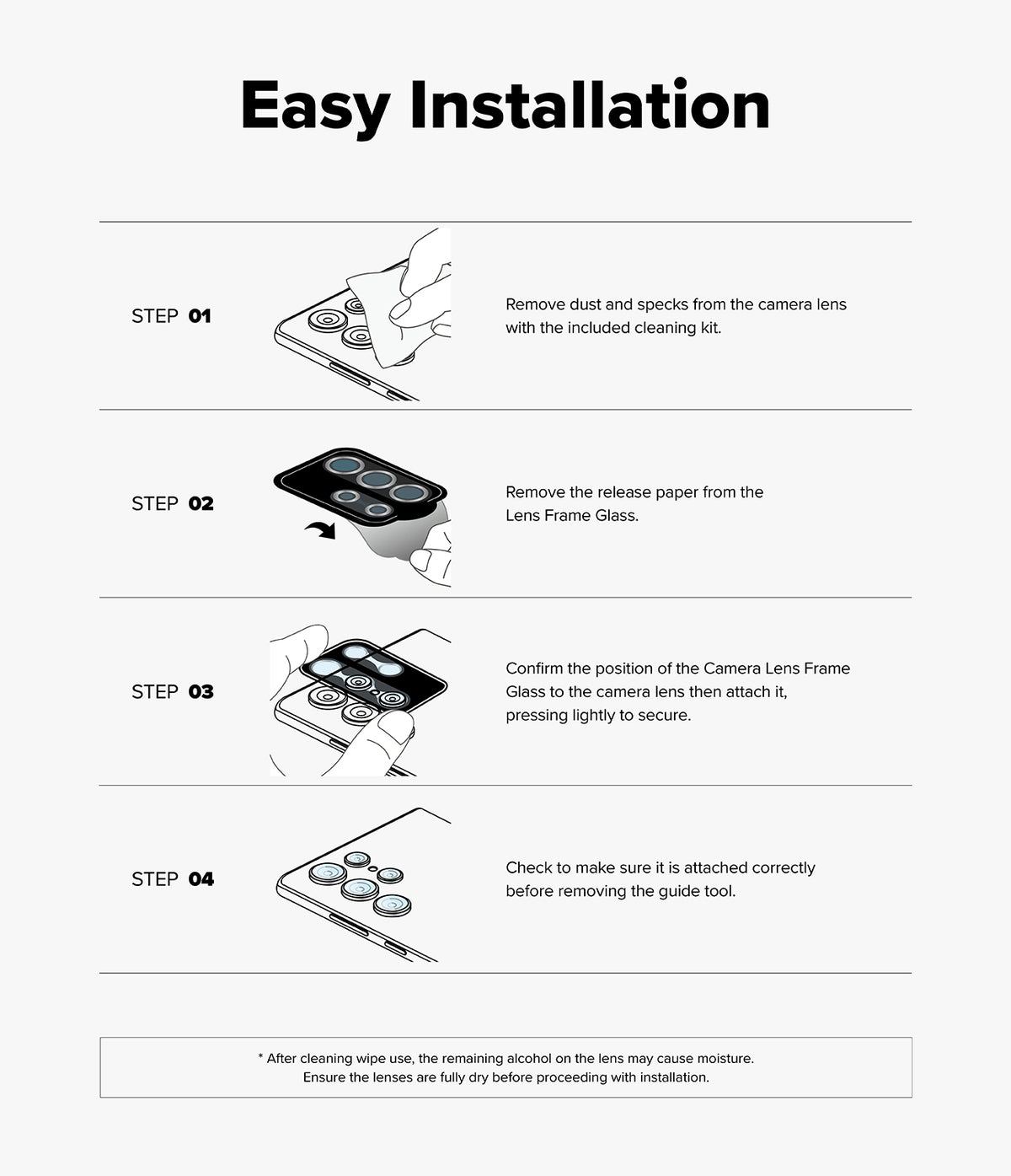 iPhone 17e / 16e | Camera Lens Frame Glass - iPhone 17e / 16e - Four-step illustrated guide for installing a camera lens frame glass protector on a smartphone.