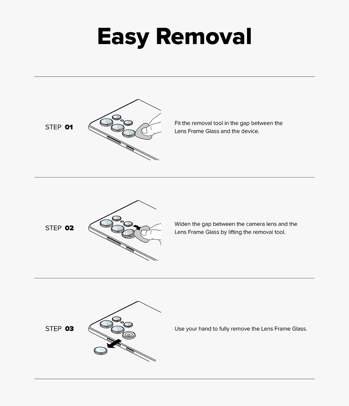 iPhone 17e / 16e | Camera Lens Frame Glass - iPhone 17e / 16e - Three-step diagram showing how to use a tool to remove the camera lens frame glass from a smartphone.