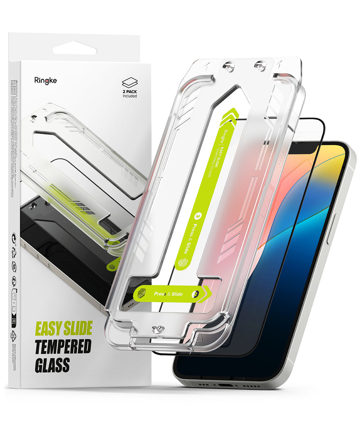 iPhone 17e / 16e Screen Protector | Easy Slide Tempered Glass - iPhone 17e / 16e Screen Protector - Ringke Easy Slide tempered glass installation kit with alignment frame and smartphone.