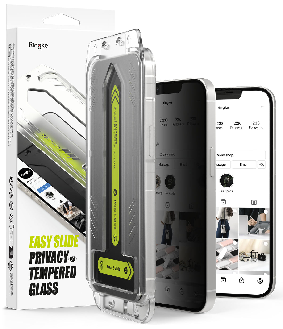 iPhone 17e / 16e Screen Protector | Easy Slide Privacy Tempered Glass - iPhone 17e / 16e Screen Protector - Privacy glass installation kit with alignment tool and two phones showing screen tint.