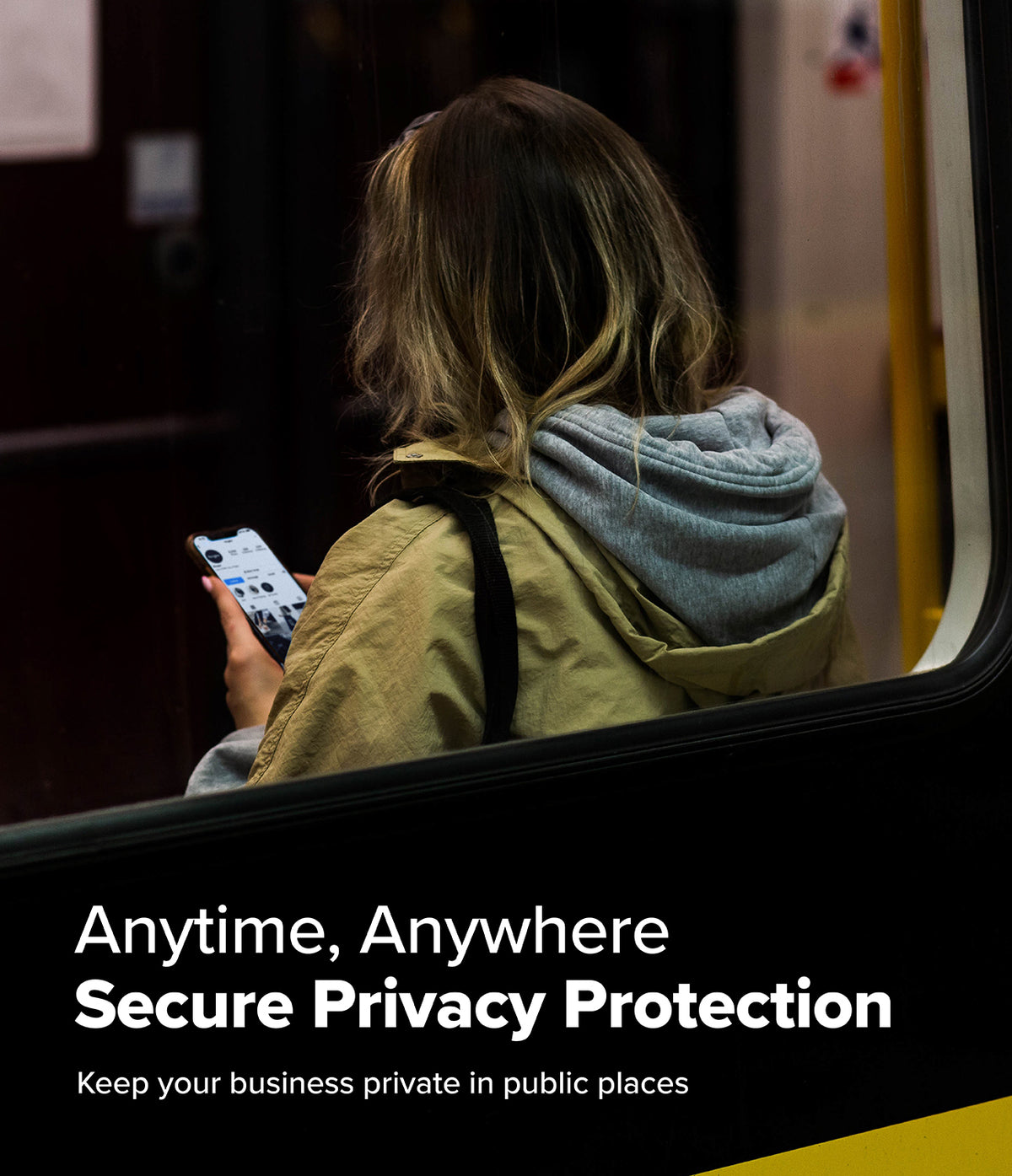 iPhone 17e / 16e Screen Protector | Easy Slide Privacy Tempered Glass - iPhone 17e / 16e Screen Protector - Woman in a hoodie using a smartphone on a train with text about privacy protection.