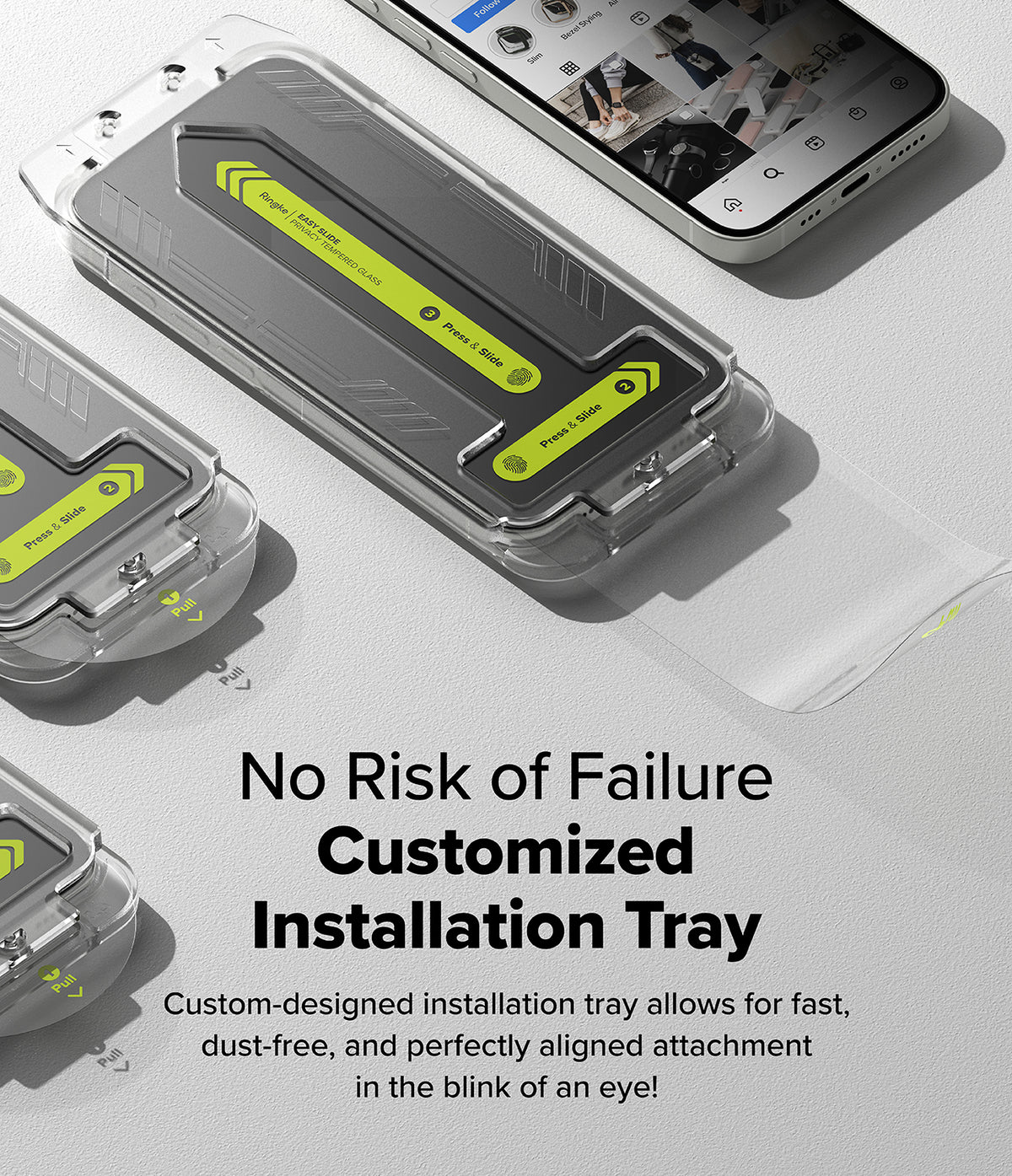 iPhone 17e / 16e Screen Protector | Easy Slide Privacy Tempered Glass - iPhone 17e / 16e Screen Protector - Easy slide installation tray with privacy glass and alignment guide for smartphones.