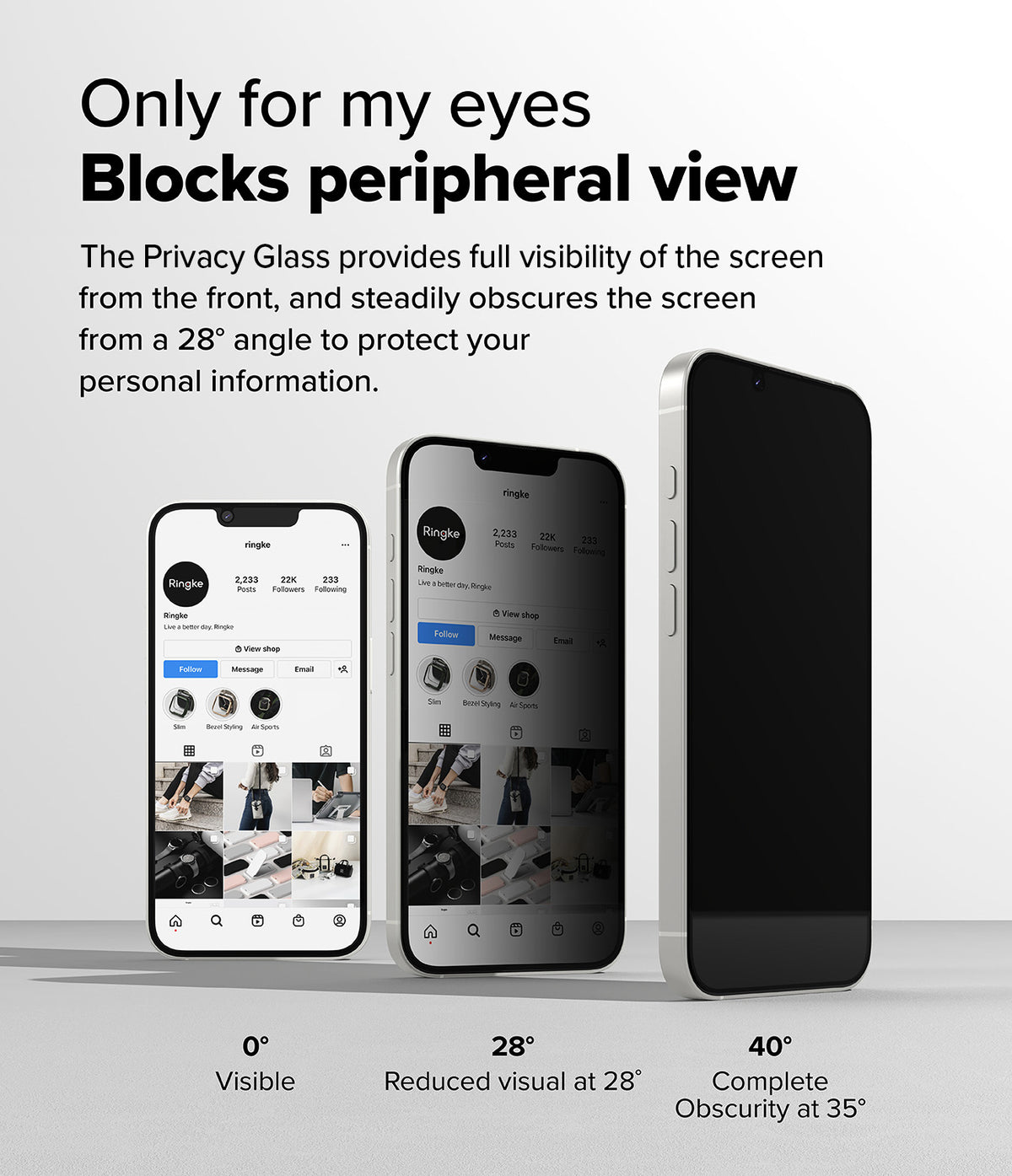 iPhone 17e / 16e Screen Protector | Easy Slide Privacy Tempered Glass - iPhone 17e / 16e Screen Protector - Three phones showing privacy glass visibility at 0, 28, and 40-degree viewing angles.