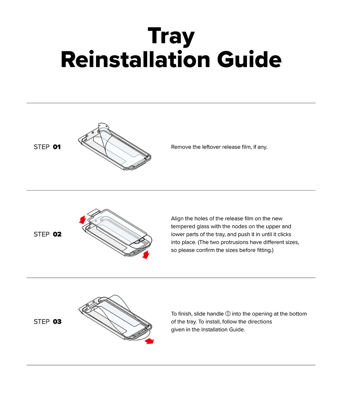 iPhone 17e / 16e Screen Protector | Easy Slide Privacy Tempered Glass - iPhone 17e / 16e Screen Protector - Three-step instructional diagram showing how to reinstall the screen protector tray.
