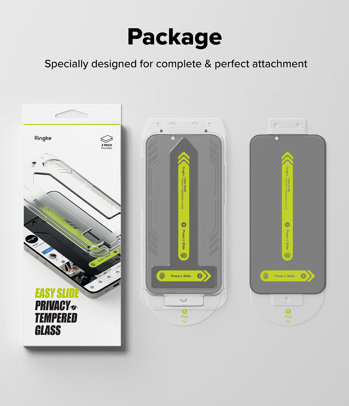 iPhone 17e / 16e Screen Protector | Easy Slide Privacy Tempered Glass - iPhone 17e / 16e Screen Protector - Ringke privacy tempered glass packaging with two easy-slide installation tools.