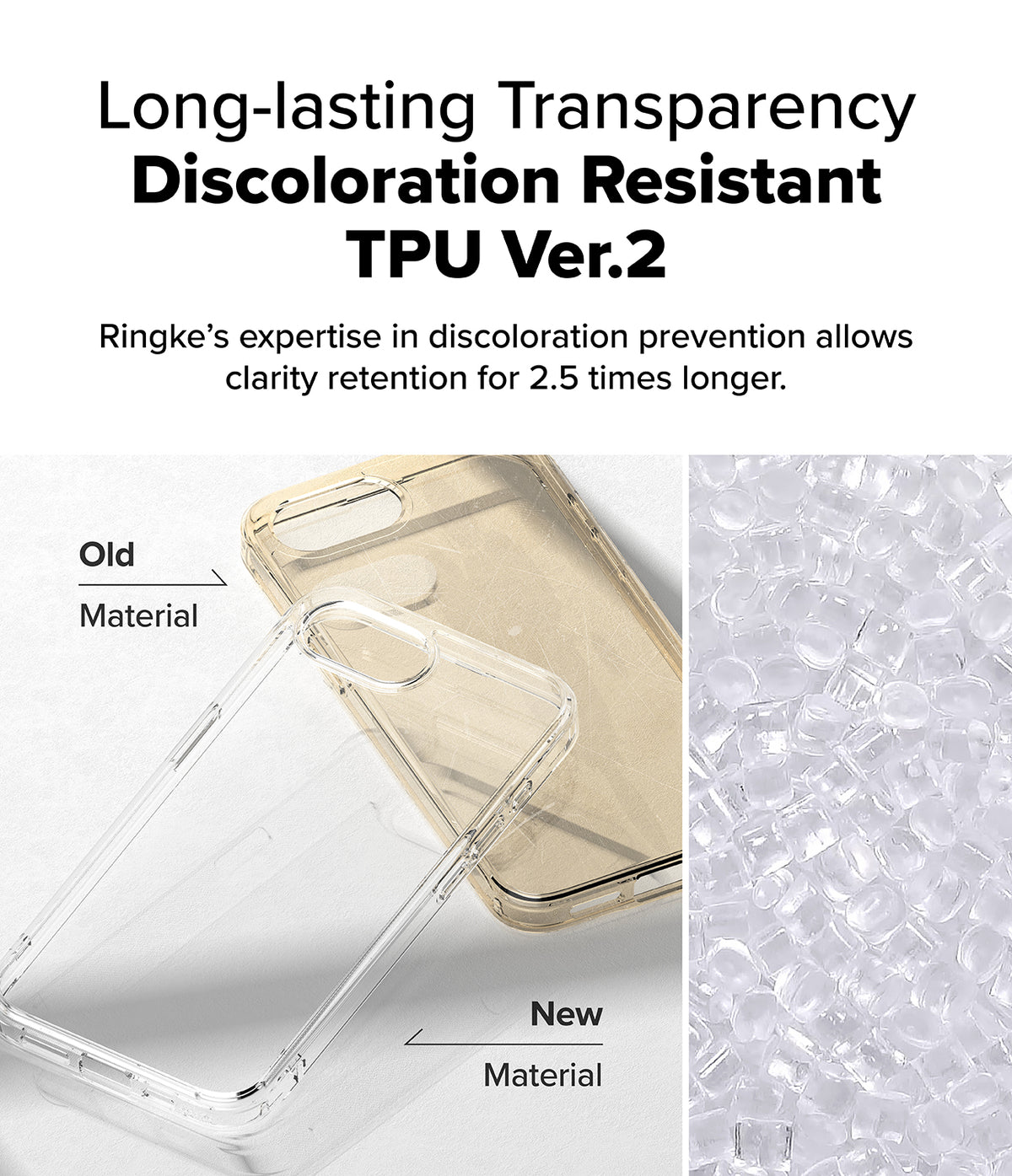 iPhone 17e Case | Fusion - Comparison of a yellowed old phone case and a clear new case made from TPU material pellets.