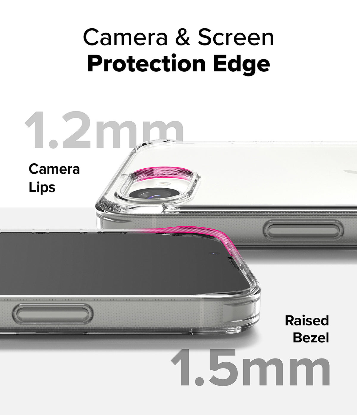 iPhone 17e Case | Fusion - Clear phone case showing 1.2mm camera lips and 1.5mm raised screen bezel for protection.