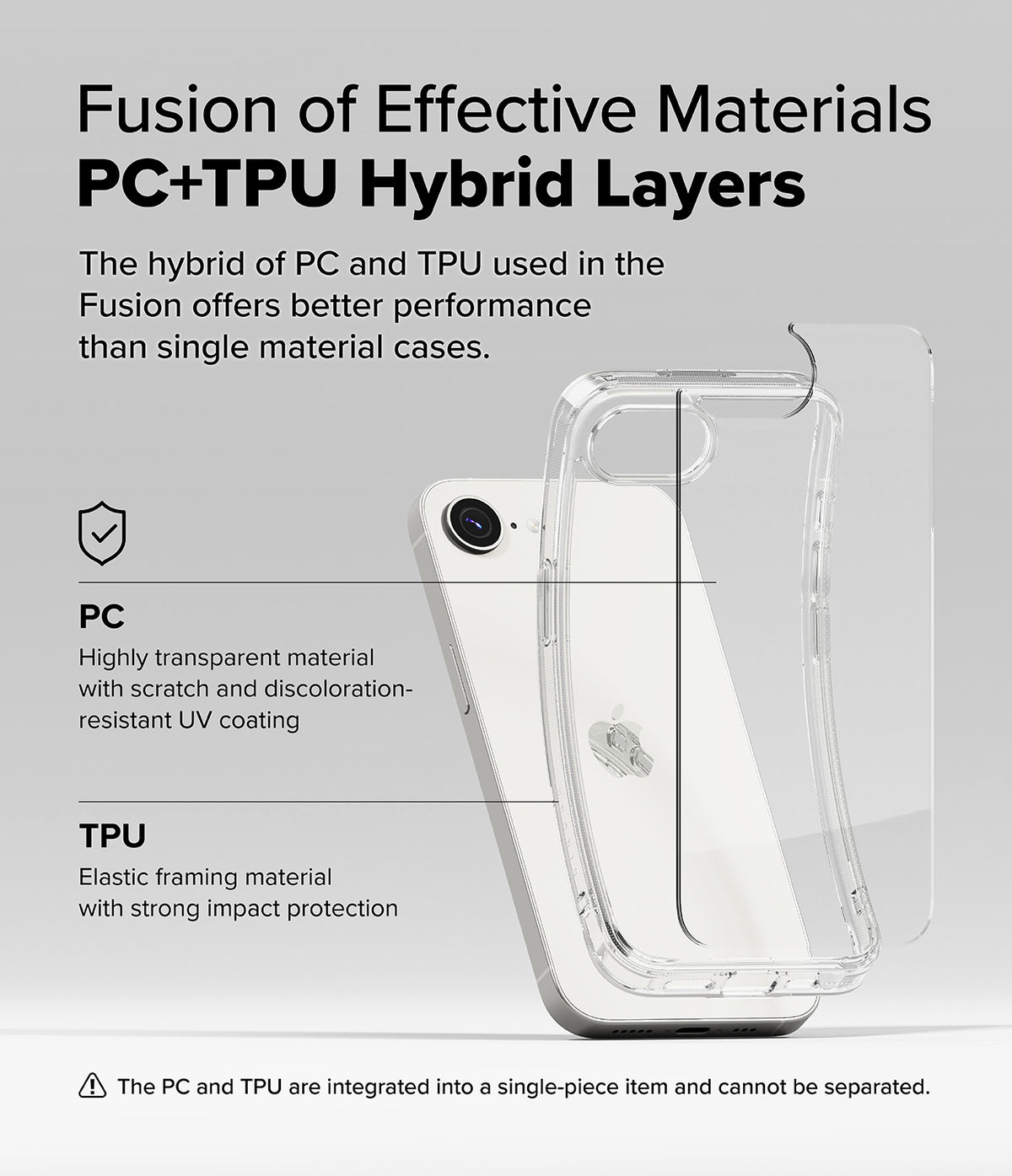 iPhone 17e Case | Fusion - Diagram showing a clear hybrid PC and TPU phone case layered over a white smartphone.