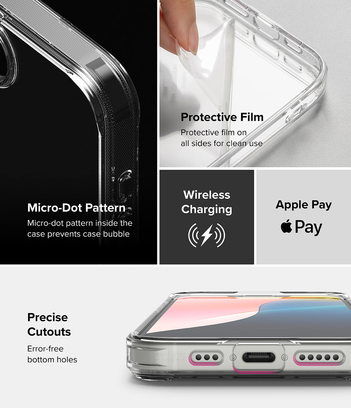 iPhone 17e Case | Fusion - Clear phone case features, including micro-dot pattern, protective film, and precise port cutouts.