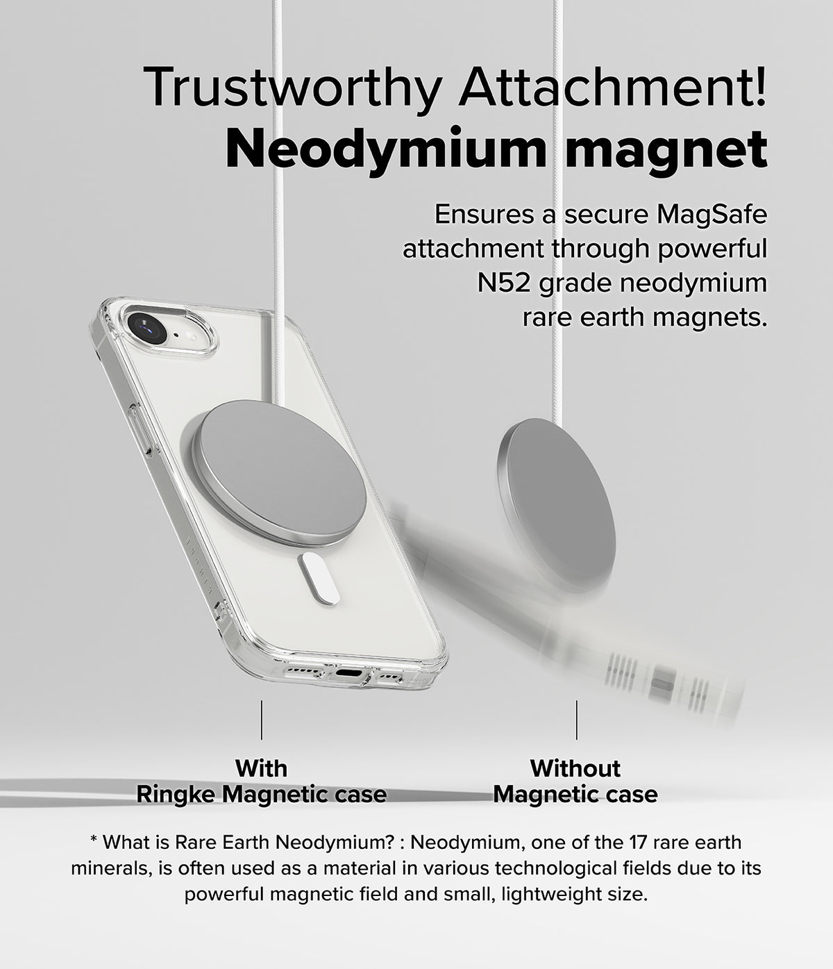 iPhone 16e Case | Fusion Magnetic - Clear phone case with a magnetic disc attached, contrasting with a falling disc.