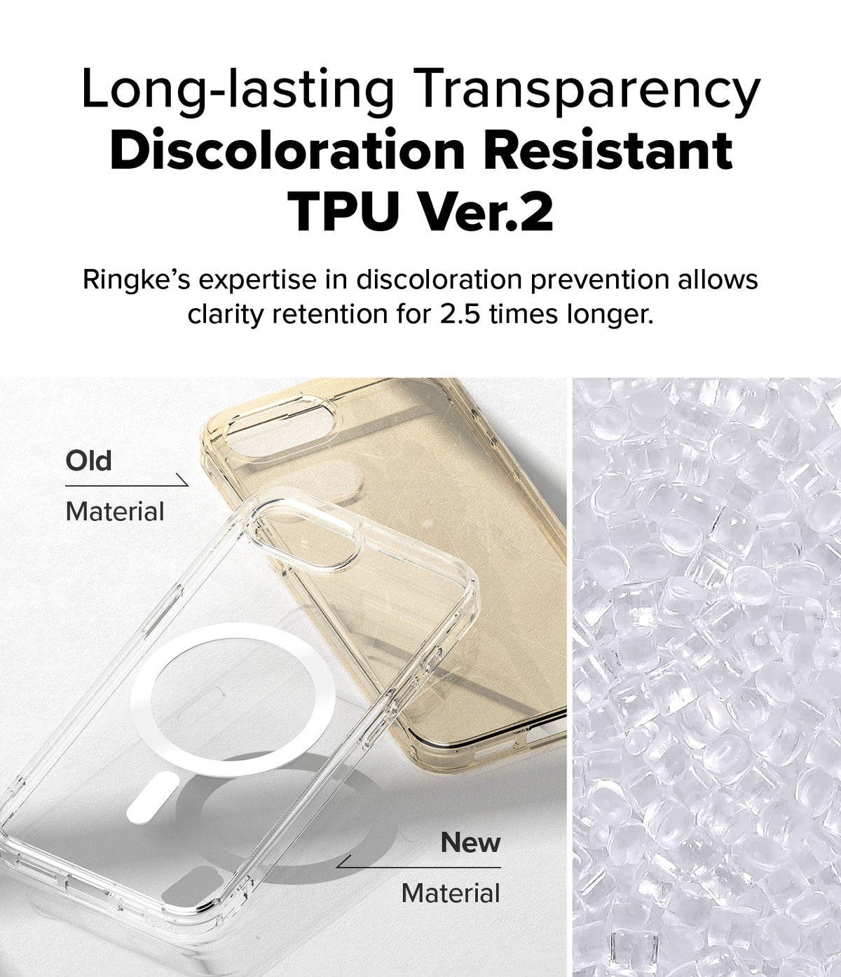 iPhone 16e Case | Fusion Magnetic - Comparison of yellowed old TPU versus clear new TPU material for phone cases.