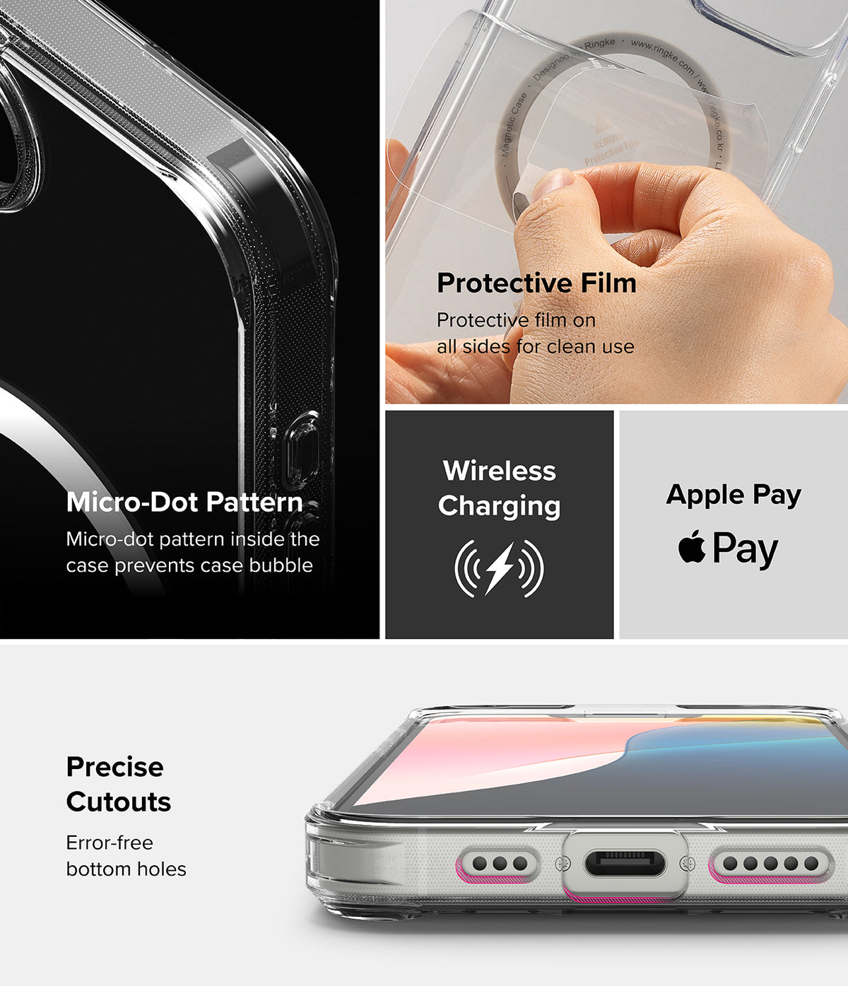 iPhone 16e Case | Fusion Magnetic - Clear phone case features, including protective film, micro-dots, wireless charging, and precise port cutouts.