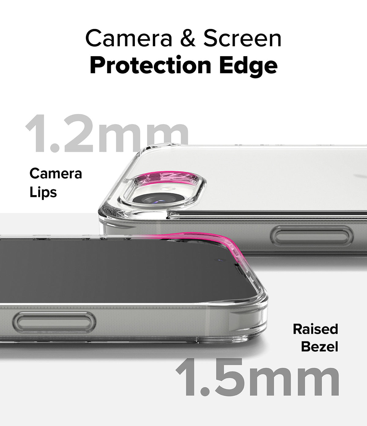 iPhone 17e Case | Fusion Matte - Clear phone case showing 1.2mm camera lips and 1.5mm raised screen bezel for protection.