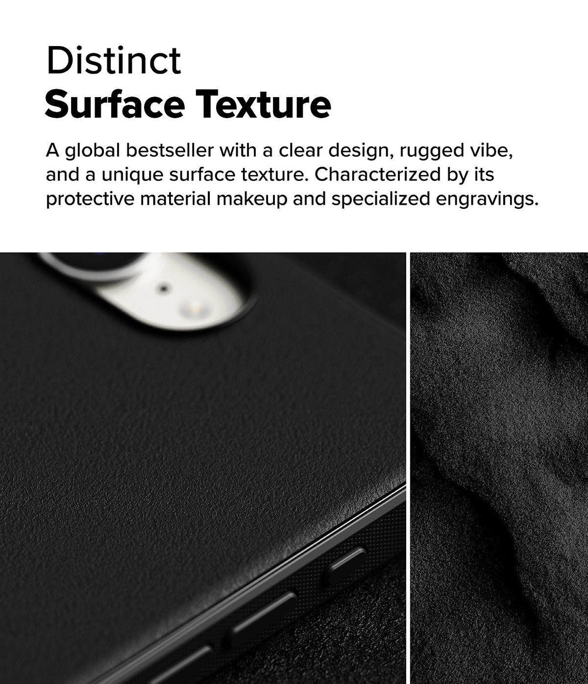iPhone 16e Case | Onyx - Close-up of a black, textured phone case showing the camera cutout and rugged, matte surface detail.