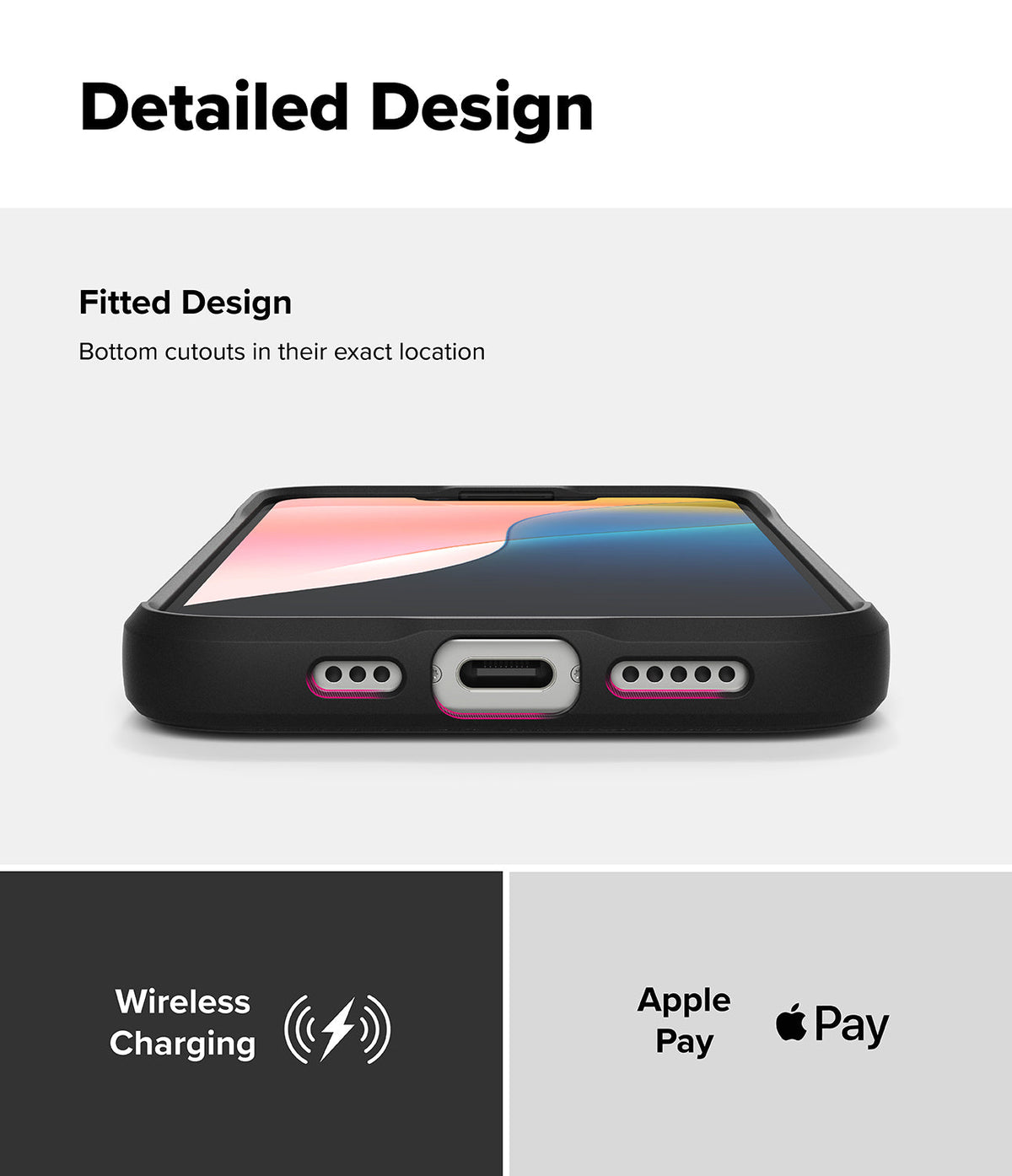 iPhone 16e Case | Onyx - Bottom view of a black phone case showing precise speaker and charging port cutouts.