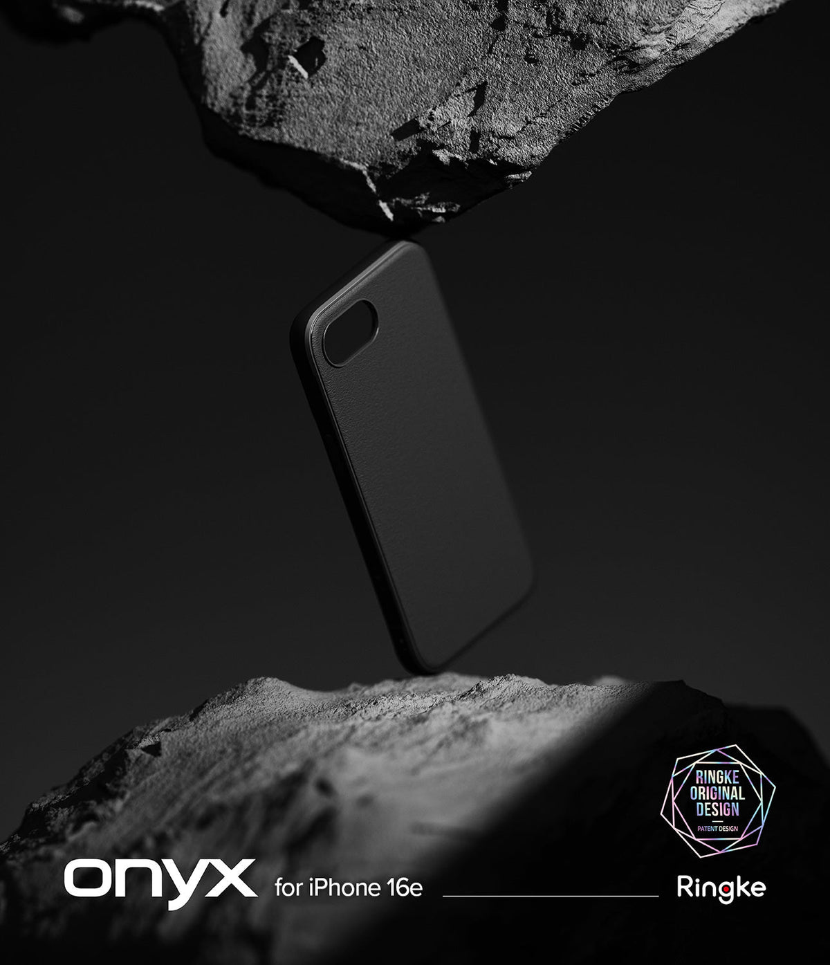 iPhone 16e Case | Onyx - A black phone case suspended between two jagged, textured rocks against a dark, minimalist background.