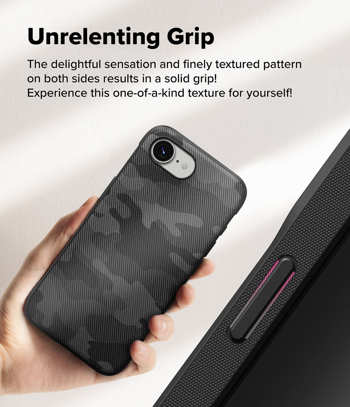 iPhone 16e Case | Onyx - A hand holds a black camo-patterned phone case with a textured grip next to a close-up of the side button.