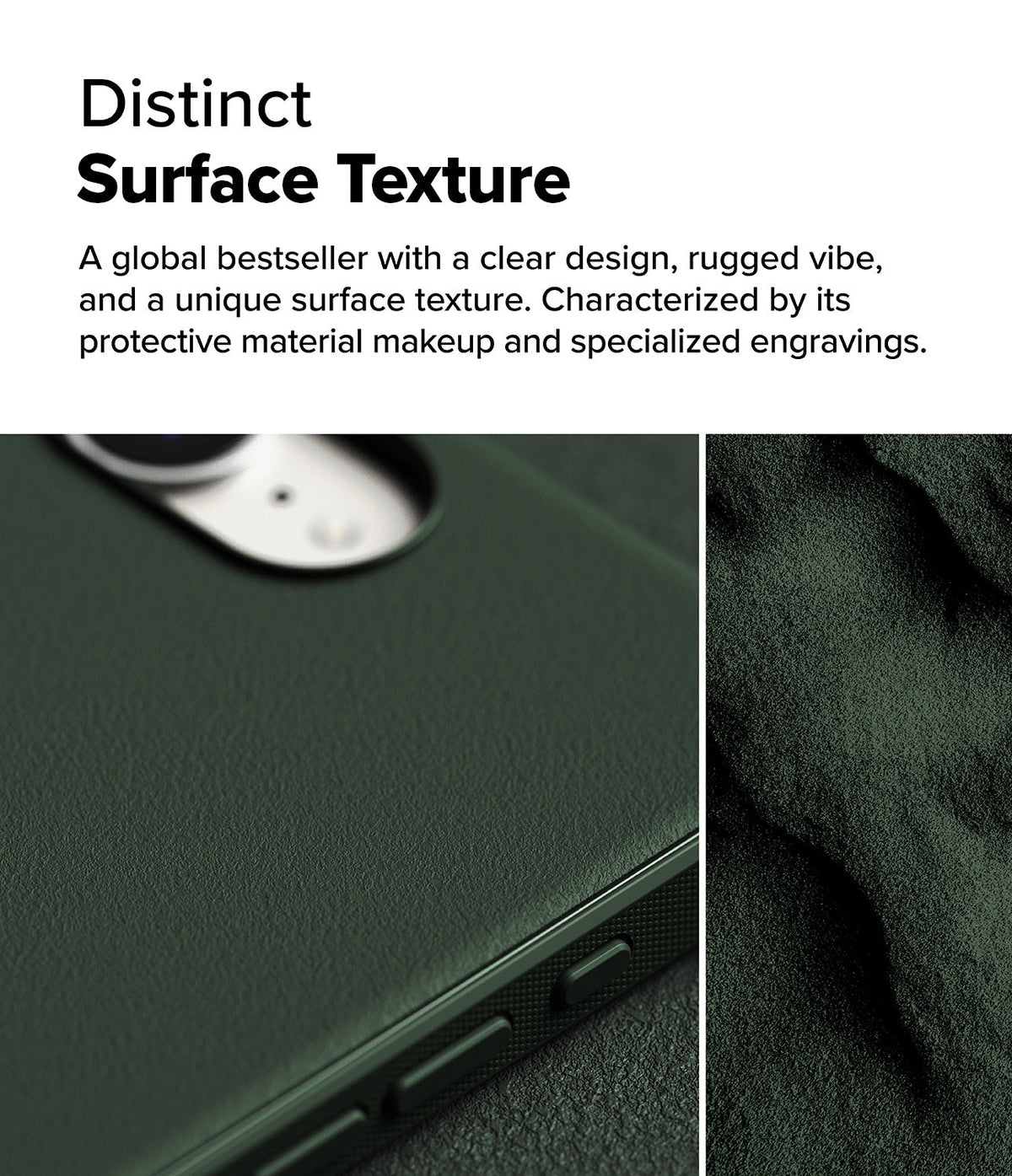 iPhone 16e Case | Onyx - Close-up of a dark green phone case with a textured, rugged surface and side buttons.